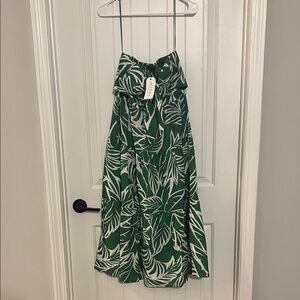 Green Strapless Leaf Print Dress